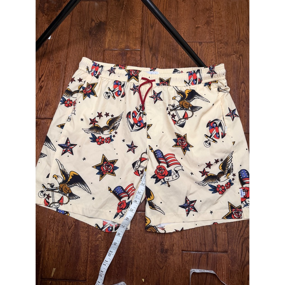 Maamgic Mens XXL Swim Trunks Cream American Traditional Tattoo Print Shorts 6in